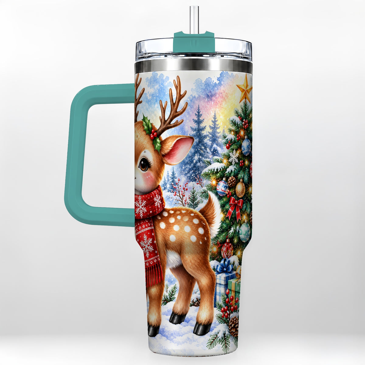 #pl[40oz|Green] Christmas Reindeer 40oz Tumbler with Handle, Winter Deer Travel Cup
