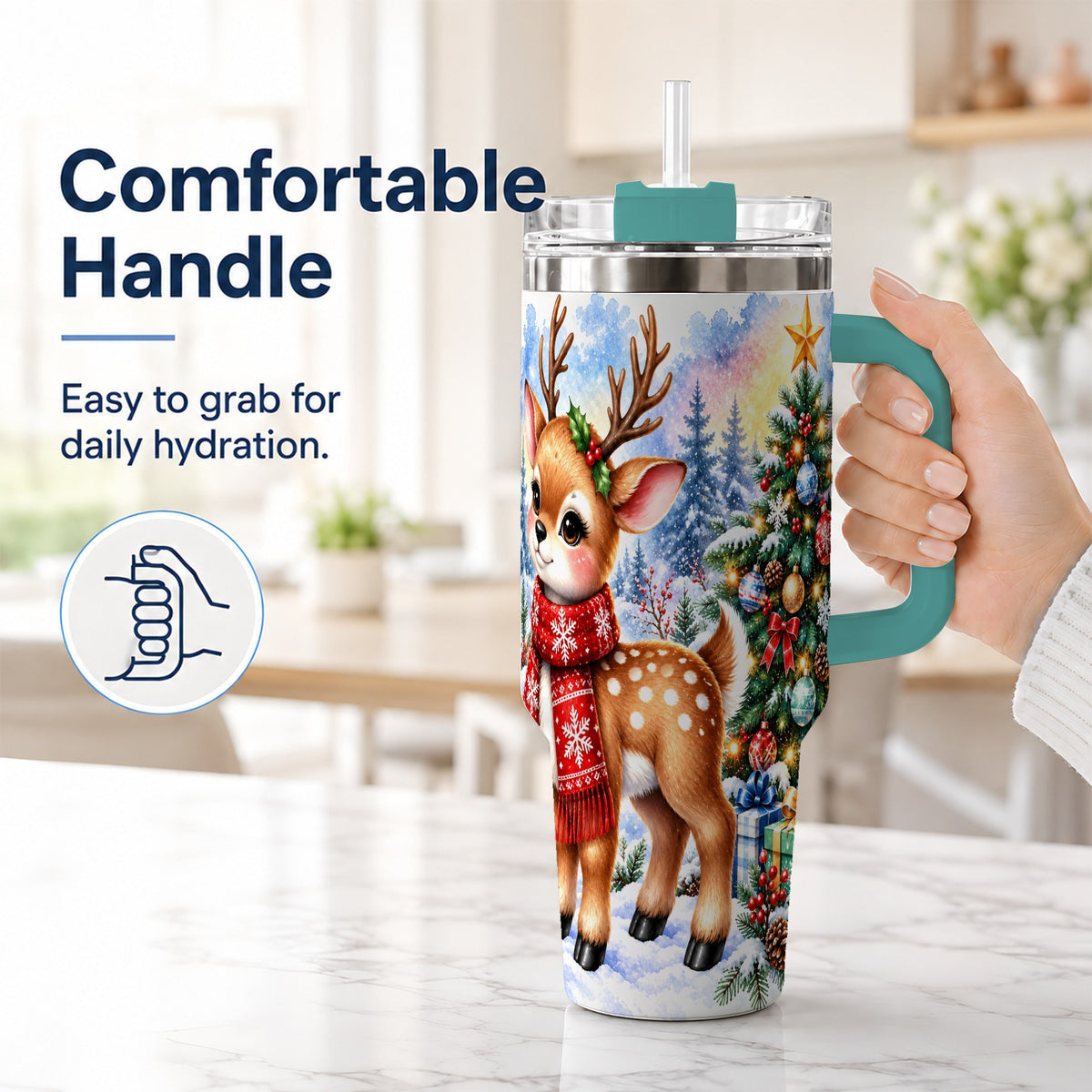 #pl[40oz|Green] Christmas Reindeer 40oz Tumbler with Handle, Winter Deer Travel Cup