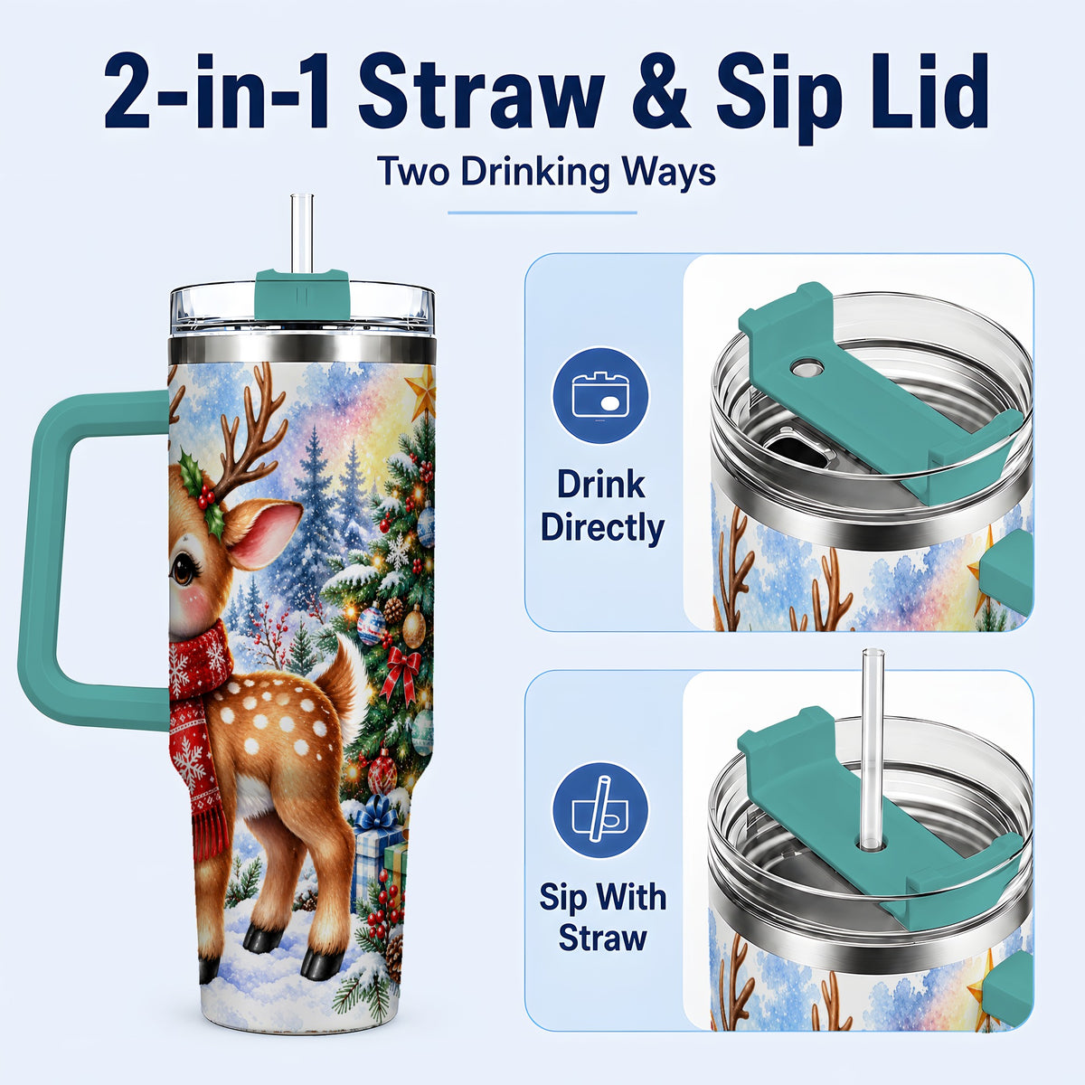 #pl[40oz|Green] Christmas Reindeer 40oz Tumbler with Handle, Winter Deer Travel Cup