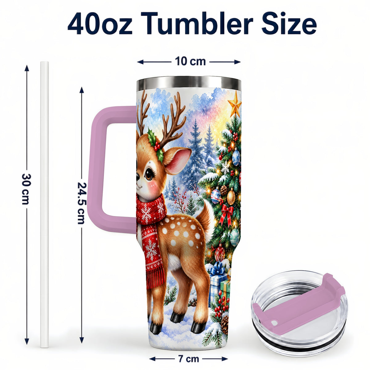 #pl[40oz|Pink] Christmas Reindeer 40oz Tumbler with Handle, Winter Deer Travel Cup