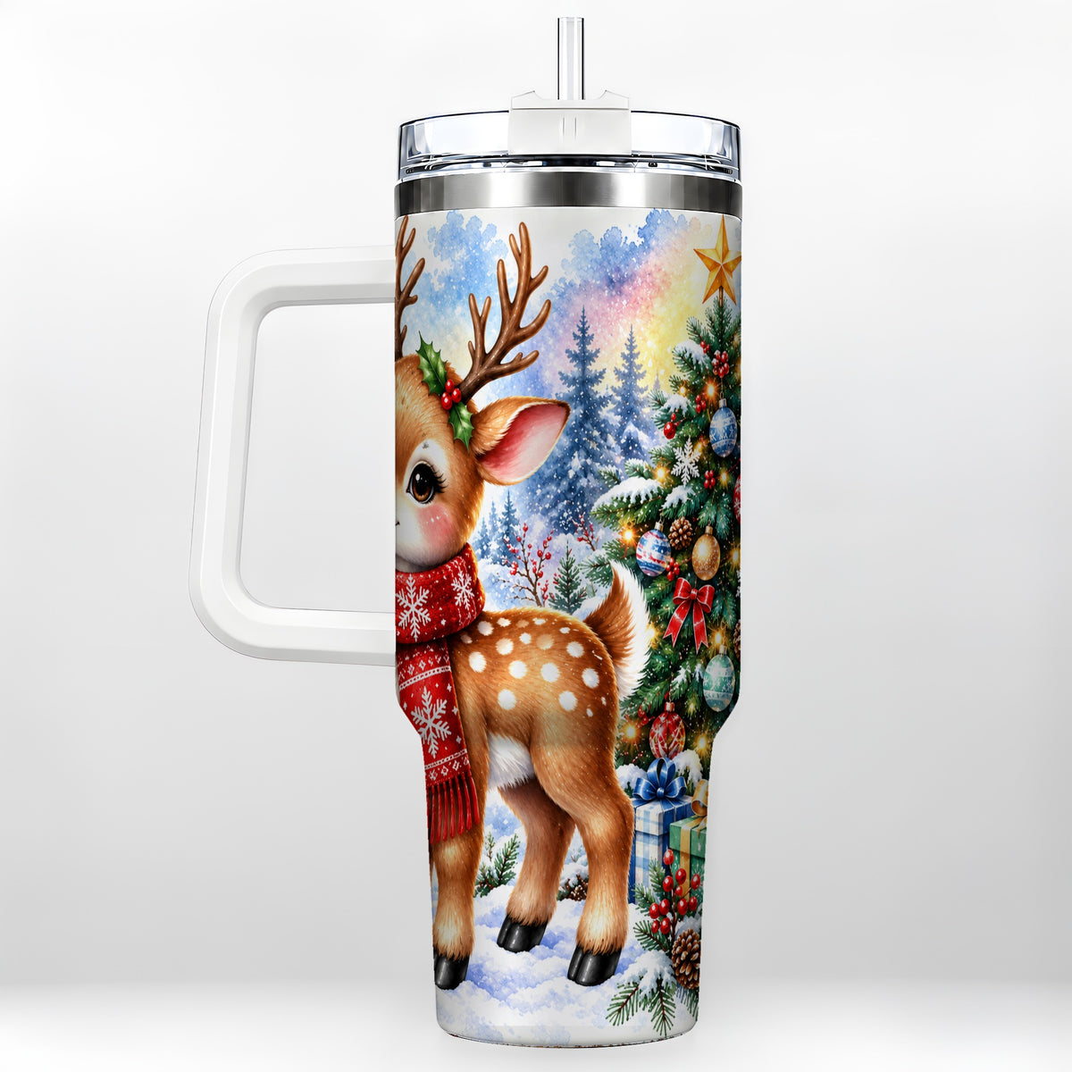 Christmas Reindeer 40oz Tumbler with Handle, Winter Deer Travel Cup