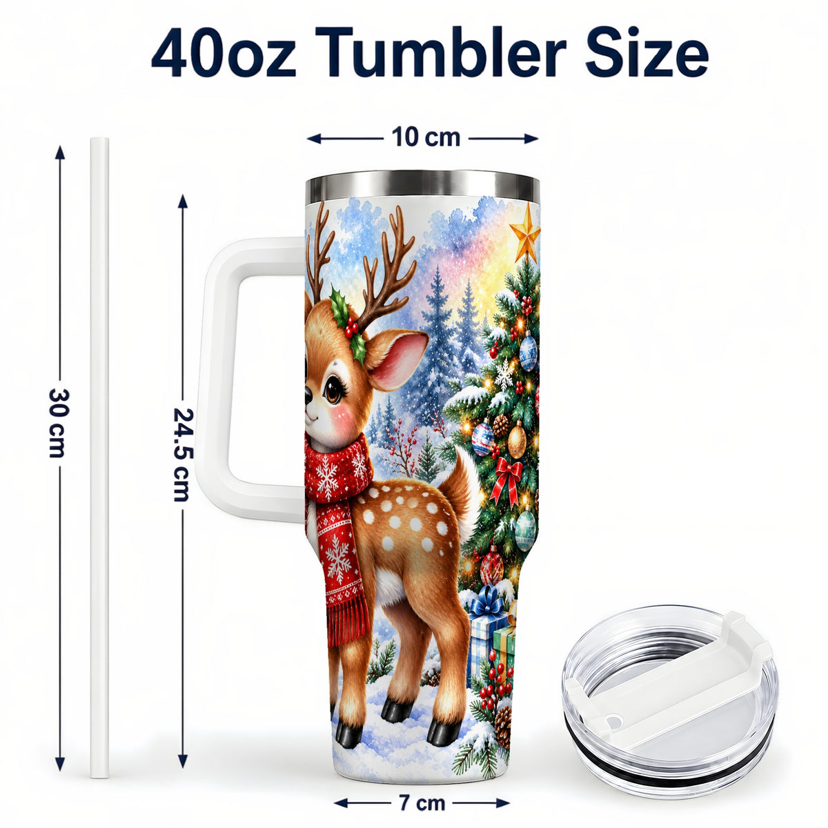 #pl[40oz|White] Christmas Reindeer 40oz Tumbler with Handle, Winter Deer Travel Cup