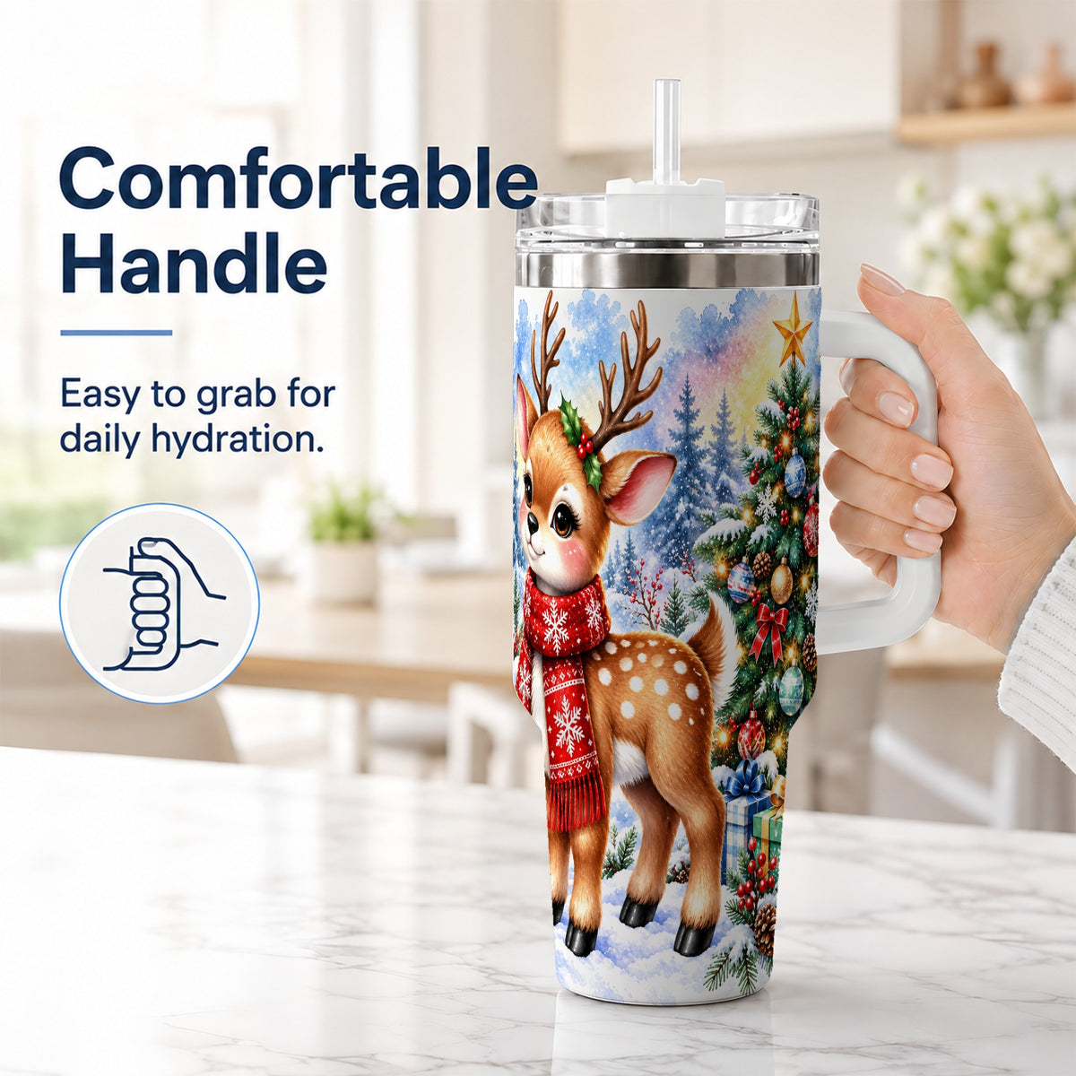 #pl[40oz|White] Christmas Reindeer 40oz Tumbler with Handle, Winter Deer Travel Cup