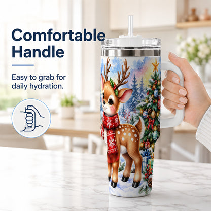 #pl[40oz|White] Christmas Reindeer 40oz Tumbler with Handle, Winter Deer Travel Cup