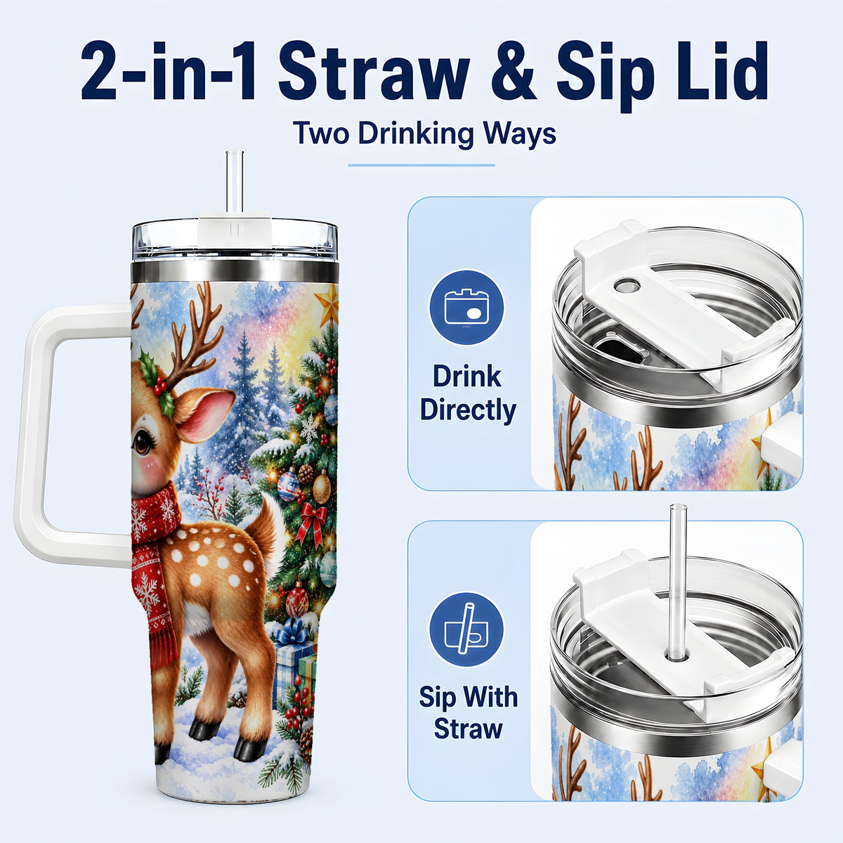 #pl[40oz|White] Christmas Reindeer 40oz Tumbler with Handle, Winter Deer Travel Cup