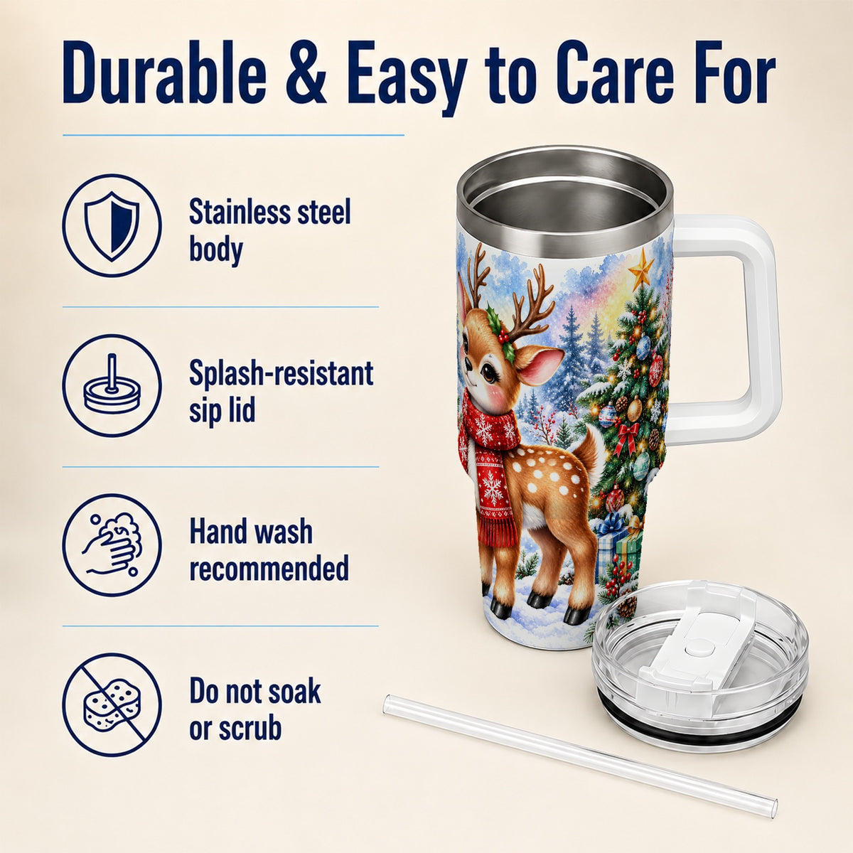 Christmas Reindeer 40oz Tumbler with Handle, Winter Deer Travel Cup