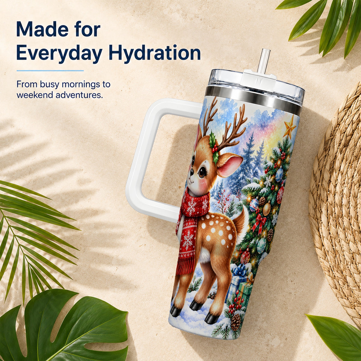 Christmas Reindeer 40oz Tumbler with Handle, Winter Deer Travel Cup
