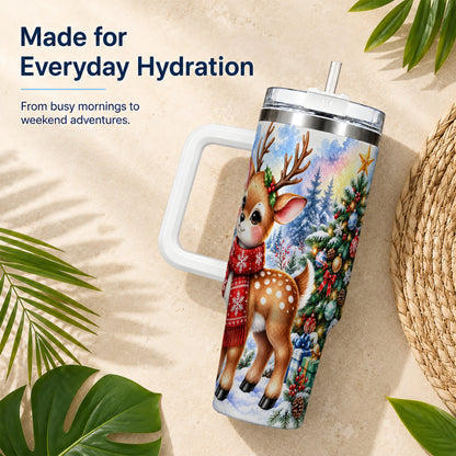 Christmas Reindeer 40oz Tumbler with Handle, Winter Deer Travel Cup