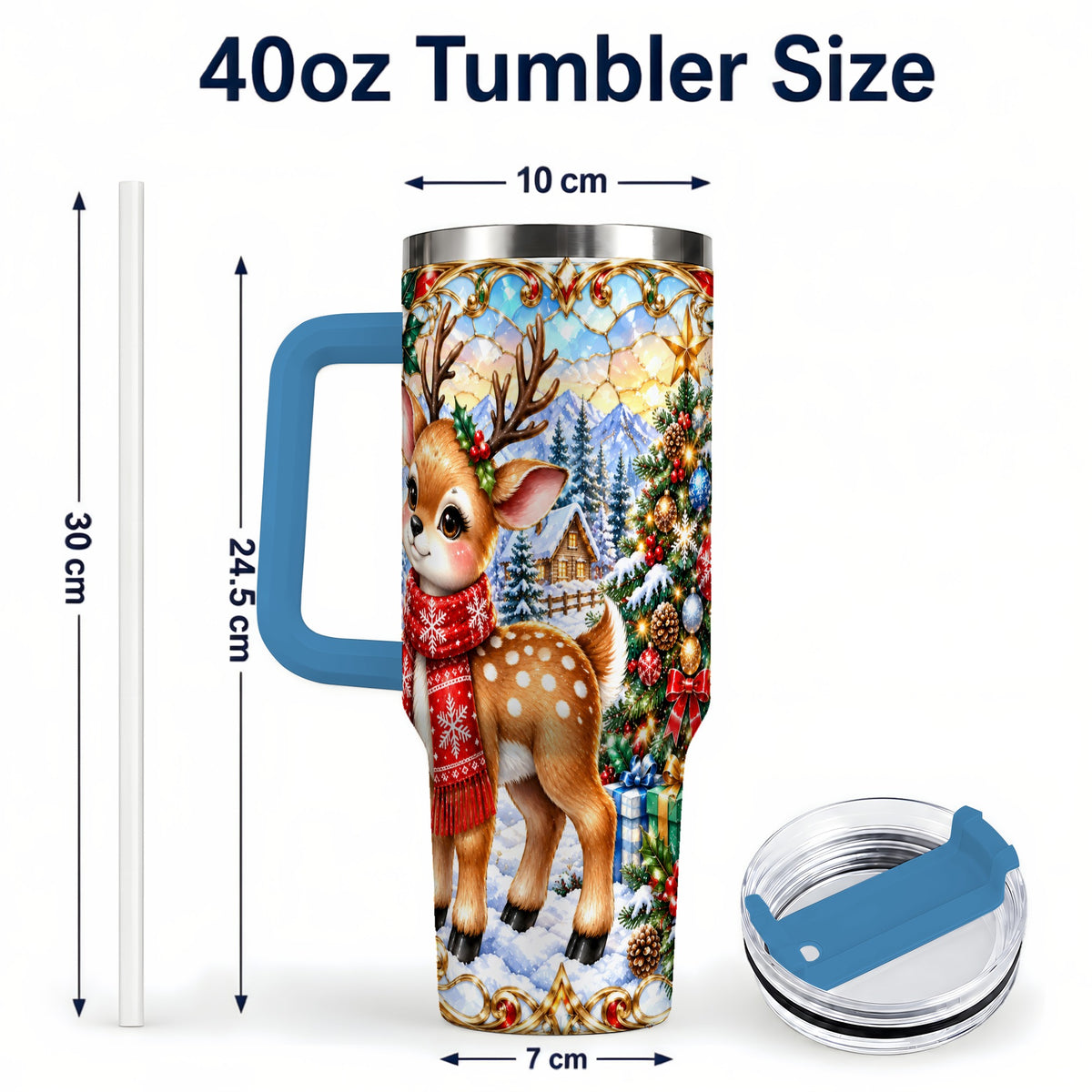 #pl[40oz|Blue] Reindeer 40oz Tumbler, Winter Deer Tumbler, Stainless Steel Travel Cup