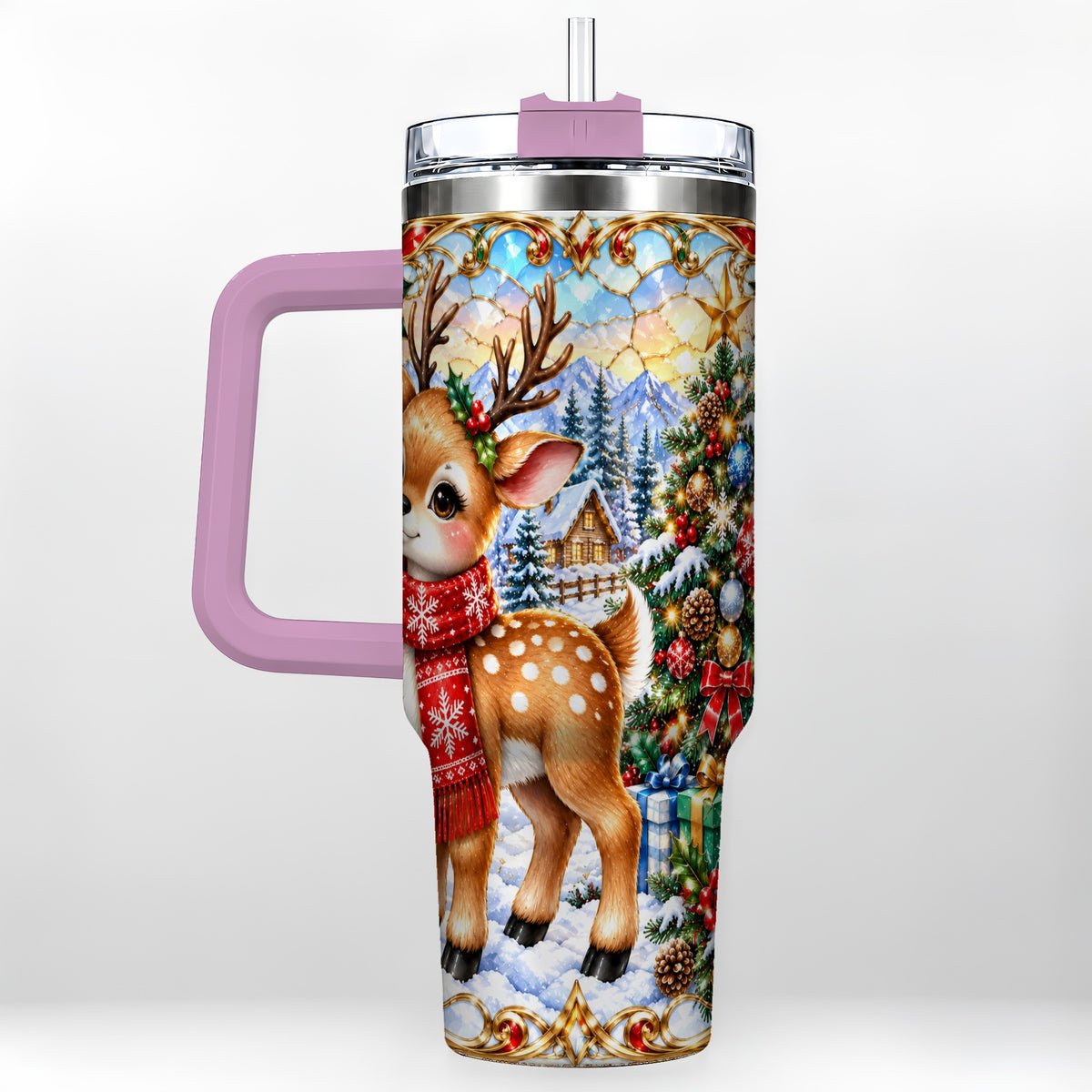 #pl[40oz|Pink] Reindeer 40oz Tumbler, Winter Deer Tumbler, Stainless Steel Travel Cup