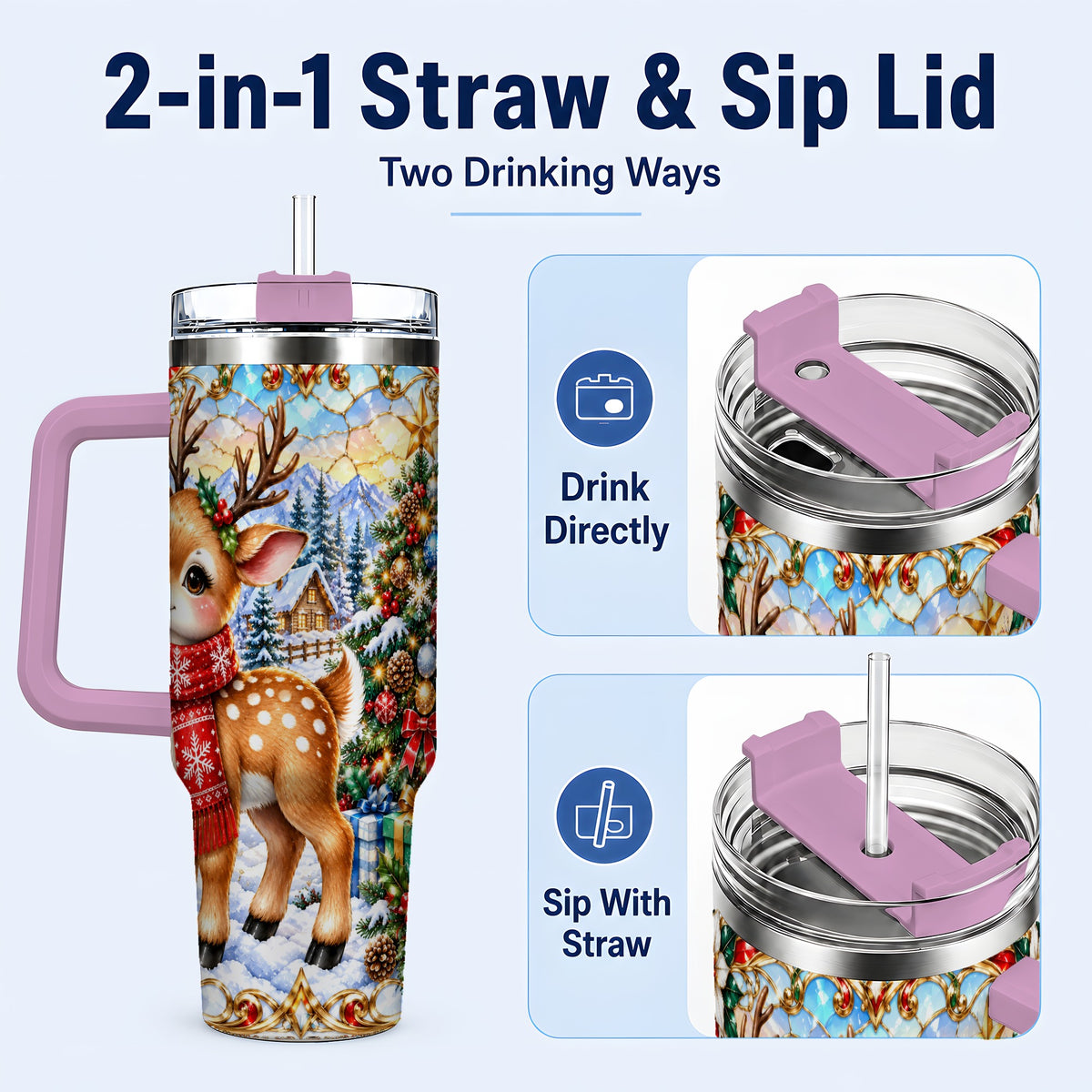 #pl[40oz|Pink] Reindeer 40oz Tumbler, Winter Deer Tumbler, Stainless Steel Travel Cup