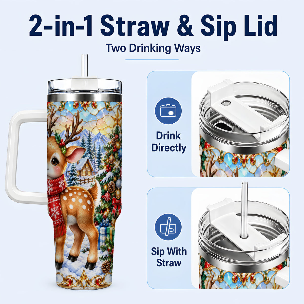 #pl[40oz|White] Reindeer 40oz Tumbler, Winter Deer Tumbler, Stainless Steel Travel Cup