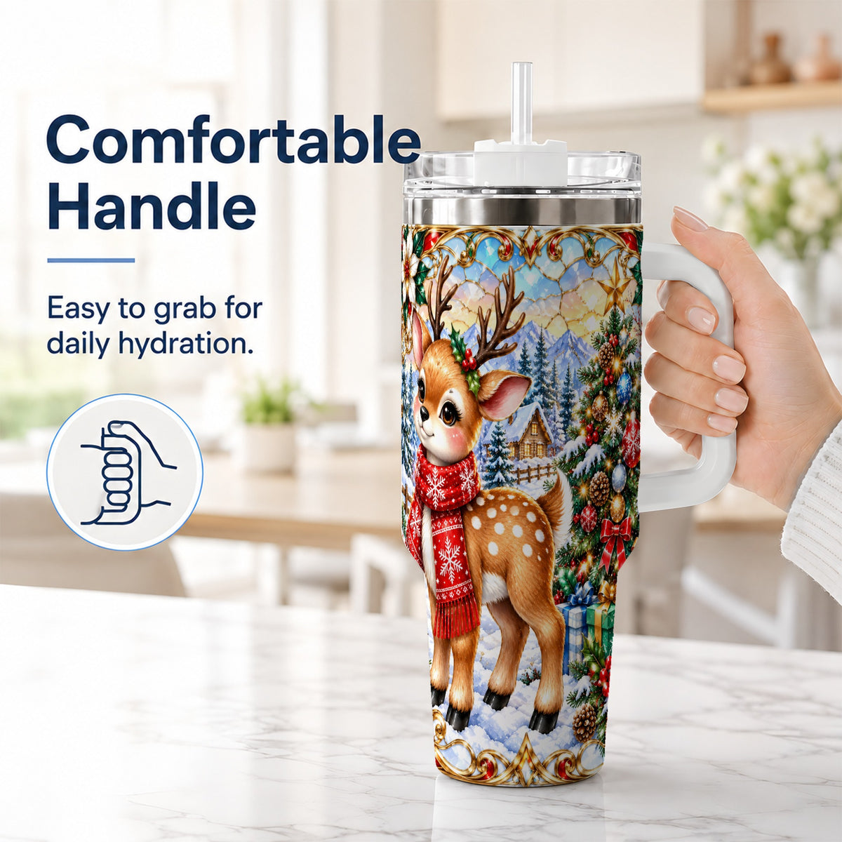#pl[40oz|White] Reindeer 40oz Tumbler, Winter Deer Tumbler, Stainless Steel Travel Cup