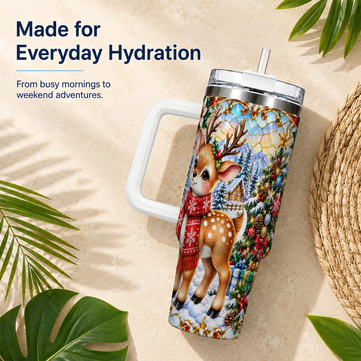 Reindeer 40oz Tumbler, Winter Deer Tumbler, Stainless Steel Travel Cup