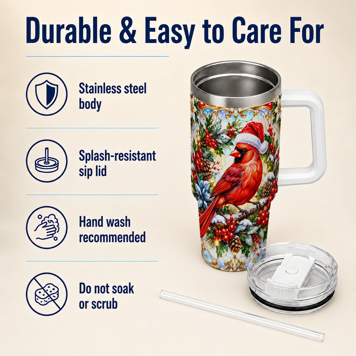 Cardinal 40oz Tumbler, Red Bird Tumbler, Stainless Steel Travel Cup