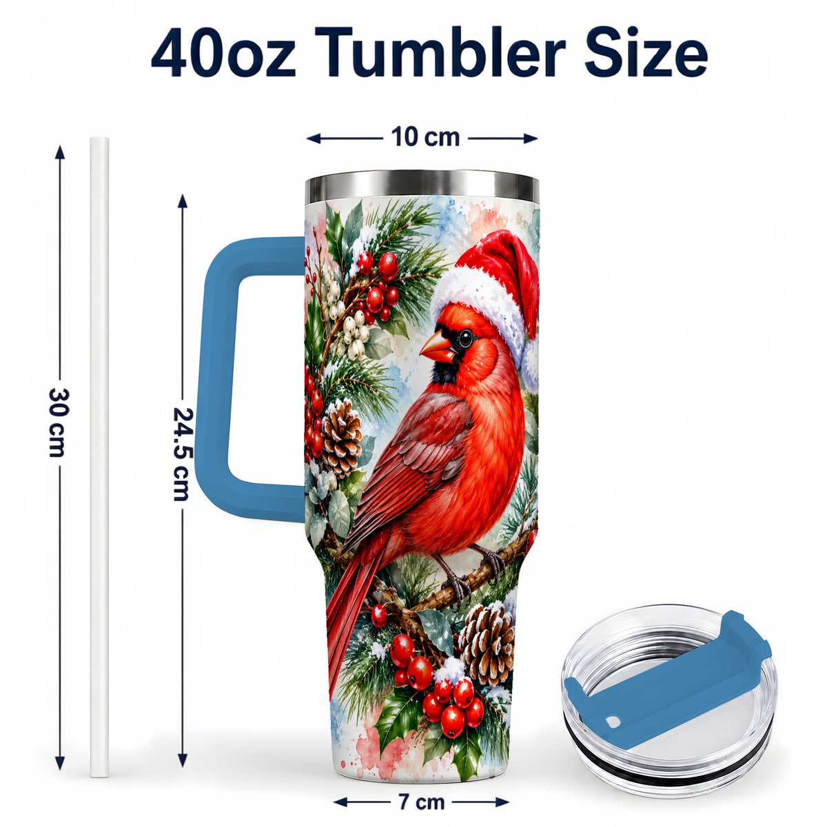 #pl[40oz|Blue] Cardinal 40oz Tumbler, Watercolor Bird Tumbler, Stainless Steel Travel Cup