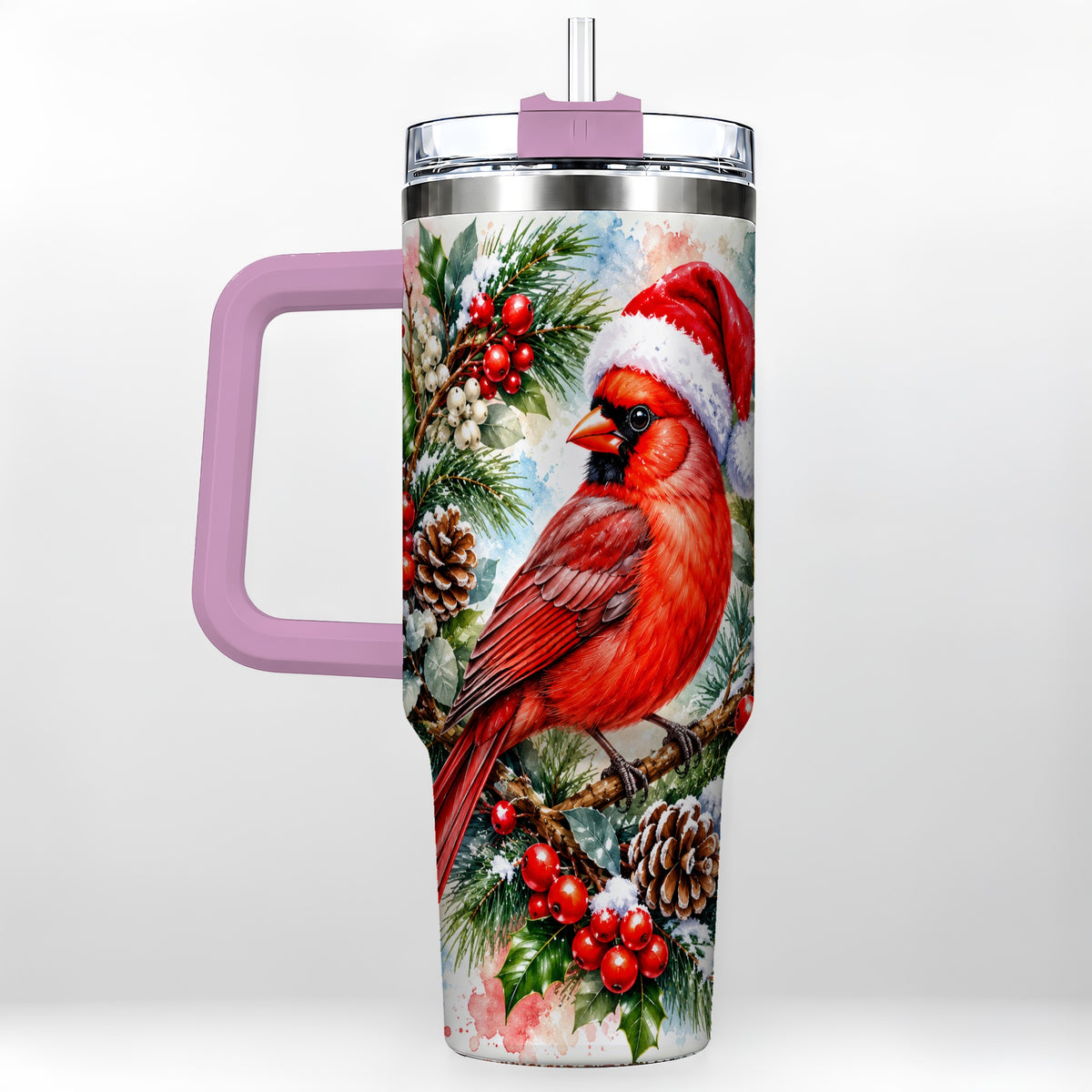 #pl[40oz|Pink] Cardinal 40oz Tumbler, Watercolor Bird Tumbler, Stainless Steel Travel Cup