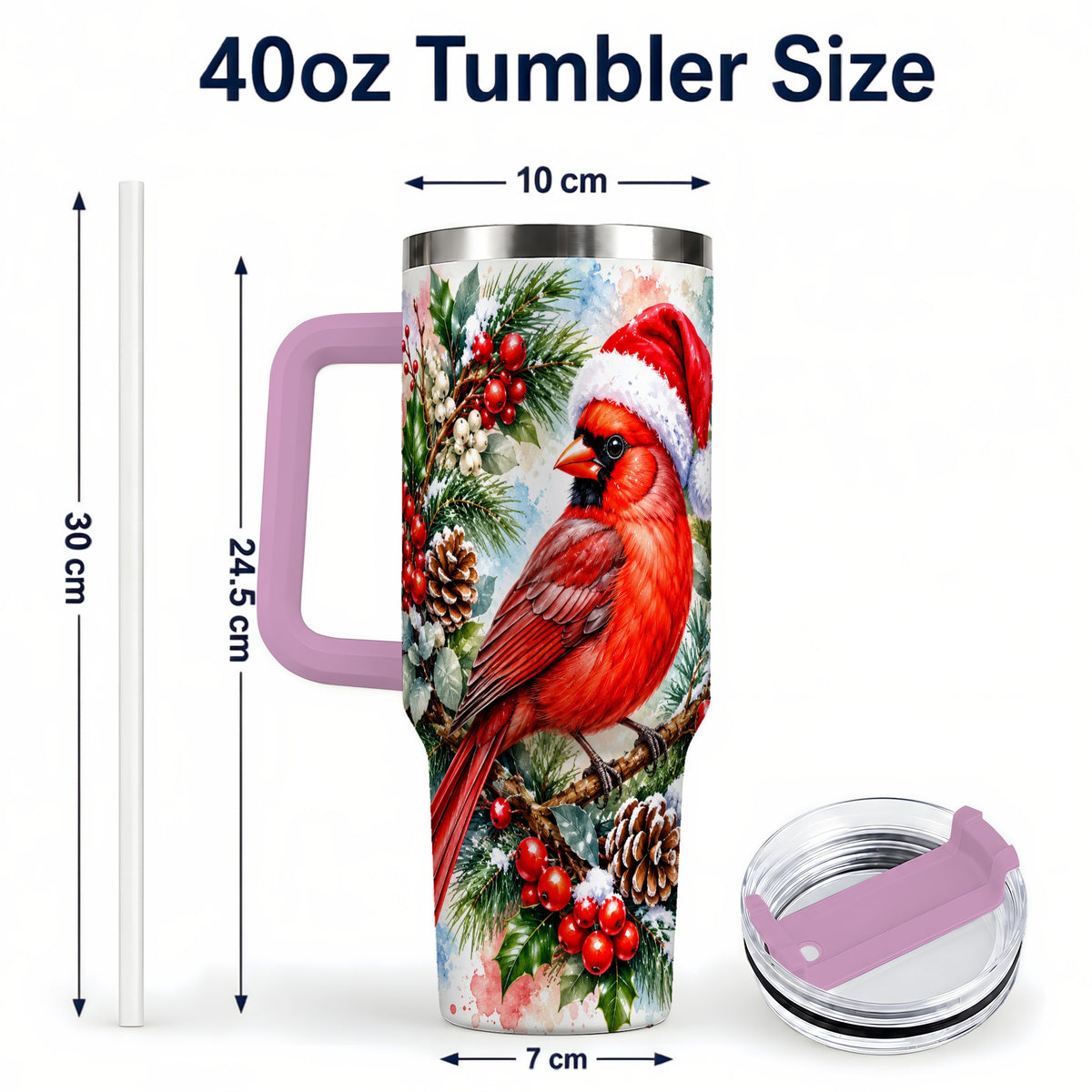 #pl[40oz|Pink] Cardinal 40oz Tumbler, Watercolor Bird Tumbler, Stainless Steel Travel Cup