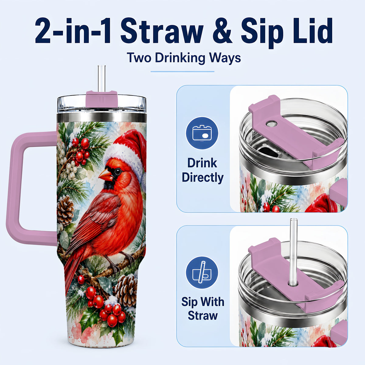#pl[40oz|Pink] Cardinal 40oz Tumbler, Watercolor Bird Tumbler, Stainless Steel Travel Cup