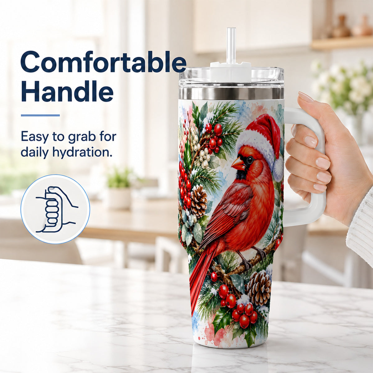 #pl[40oz|White] Cardinal 40oz Tumbler, Watercolor Bird Tumbler, Stainless Steel Travel Cup
