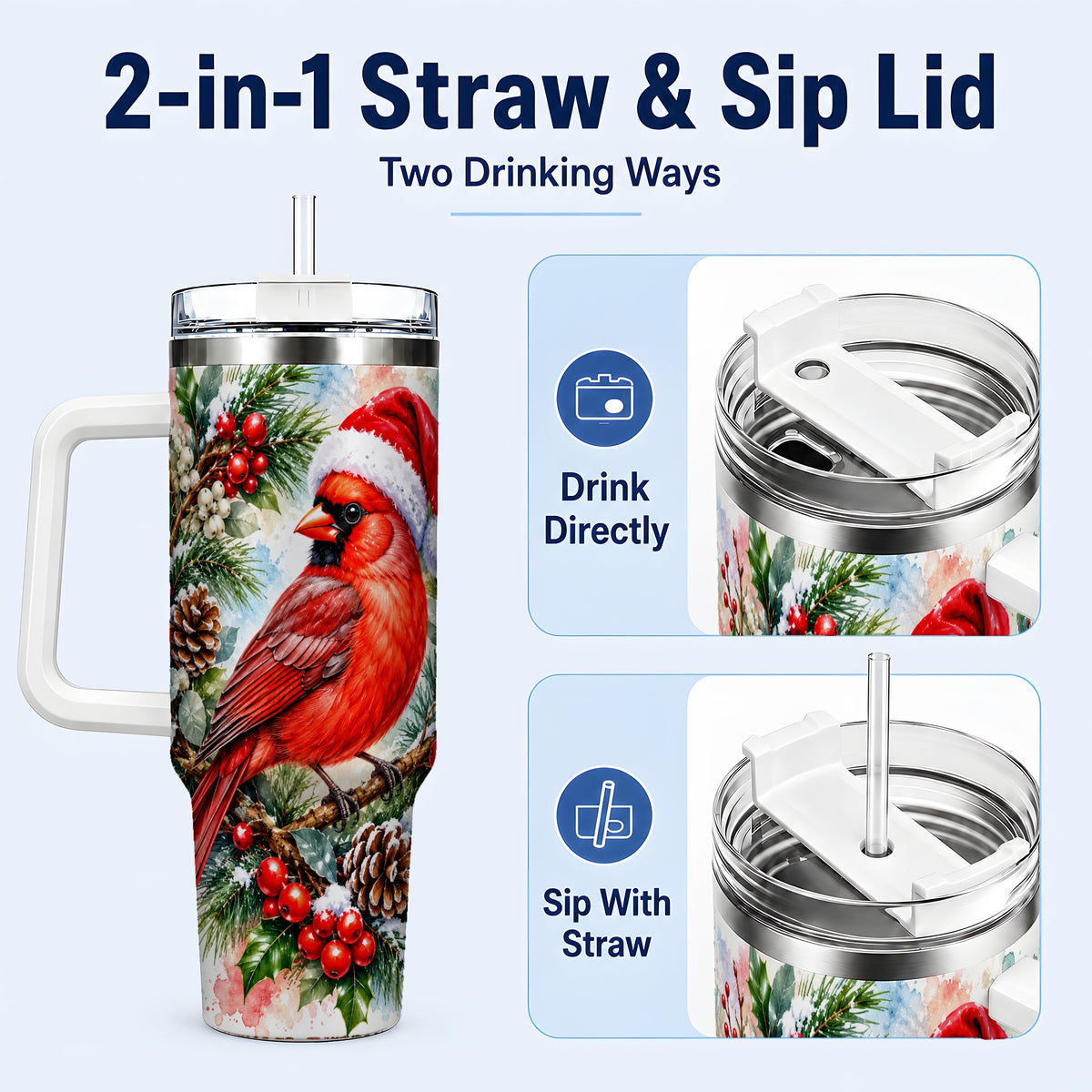 #pl[40oz|White] Cardinal 40oz Tumbler, Watercolor Bird Tumbler, Stainless Steel Travel Cup