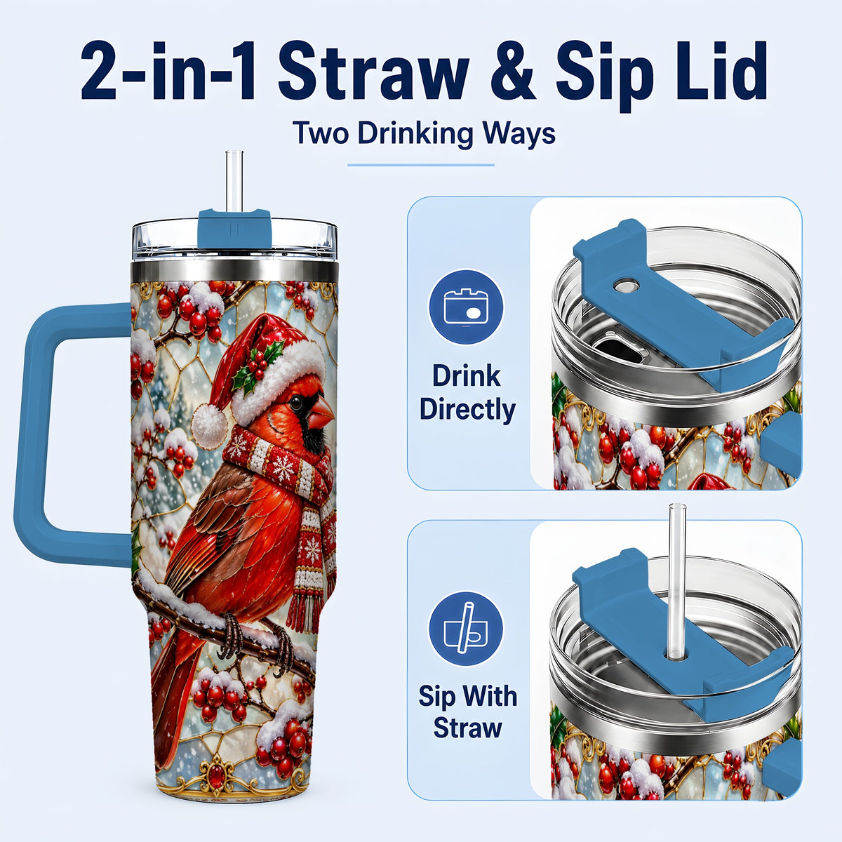 #pl[40oz|Blue] Cardinal 40oz Tumbler, Scarf Bird Tumbler, Stainless Steel Travel Cup