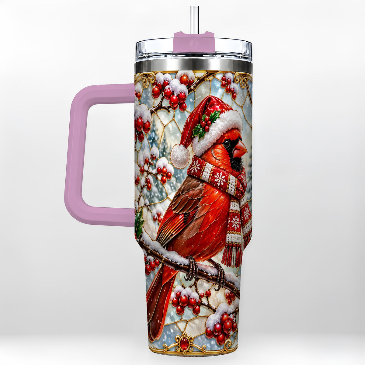 #pl[40oz|Pink] Cardinal 40oz Tumbler, Scarf Bird Tumbler, Stainless Steel Travel Cup