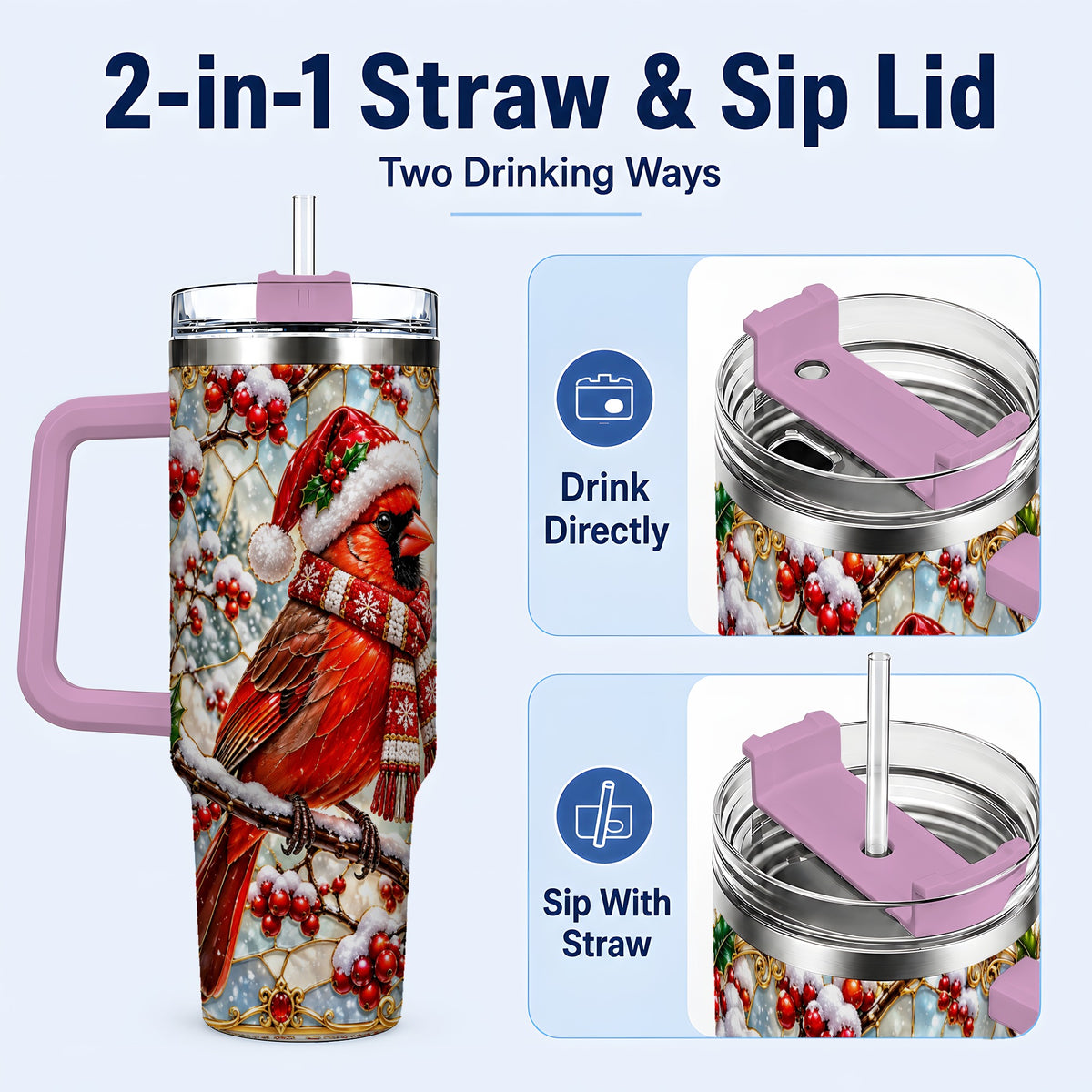 #pl[40oz|Pink] Cardinal 40oz Tumbler, Scarf Bird Tumbler, Stainless Steel Travel Cup