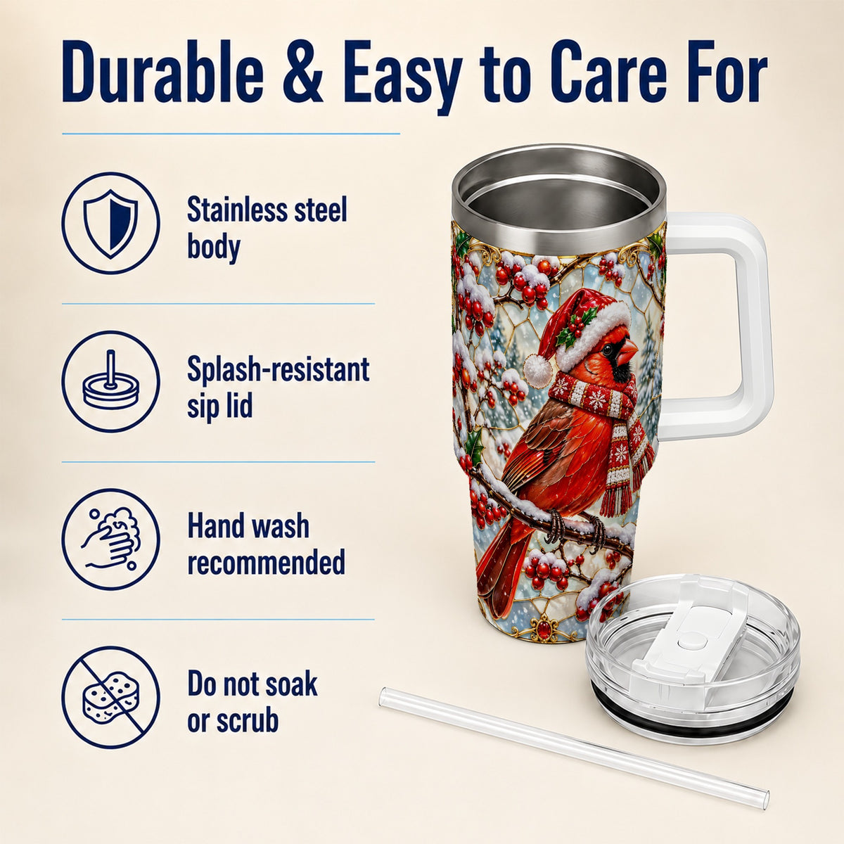 Cardinal 40oz Tumbler, Scarf Bird Tumbler, Stainless Steel Travel Cup