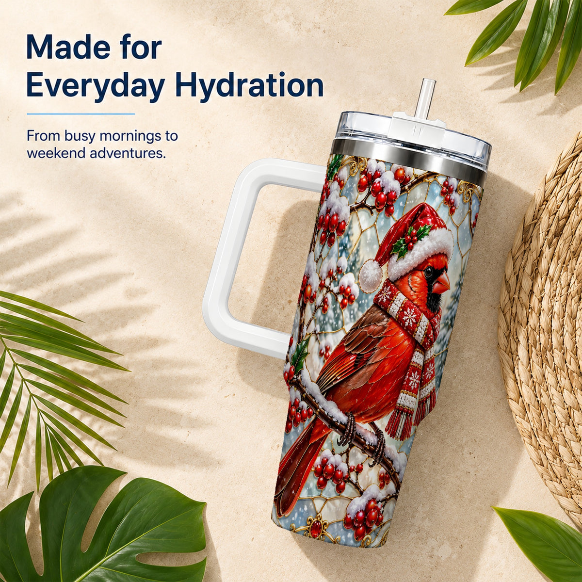Cardinal 40oz Tumbler, Scarf Bird Tumbler, Stainless Steel Travel Cup