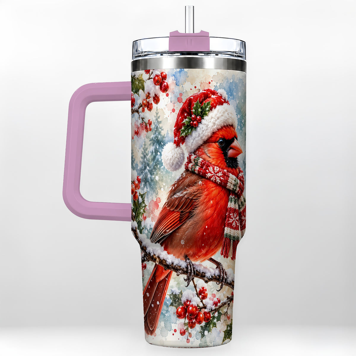 #pl[40oz|Pink] Cardinal 40oz Tumbler, Snowy Bird Tumbler, Stainless Steel Travel Cup