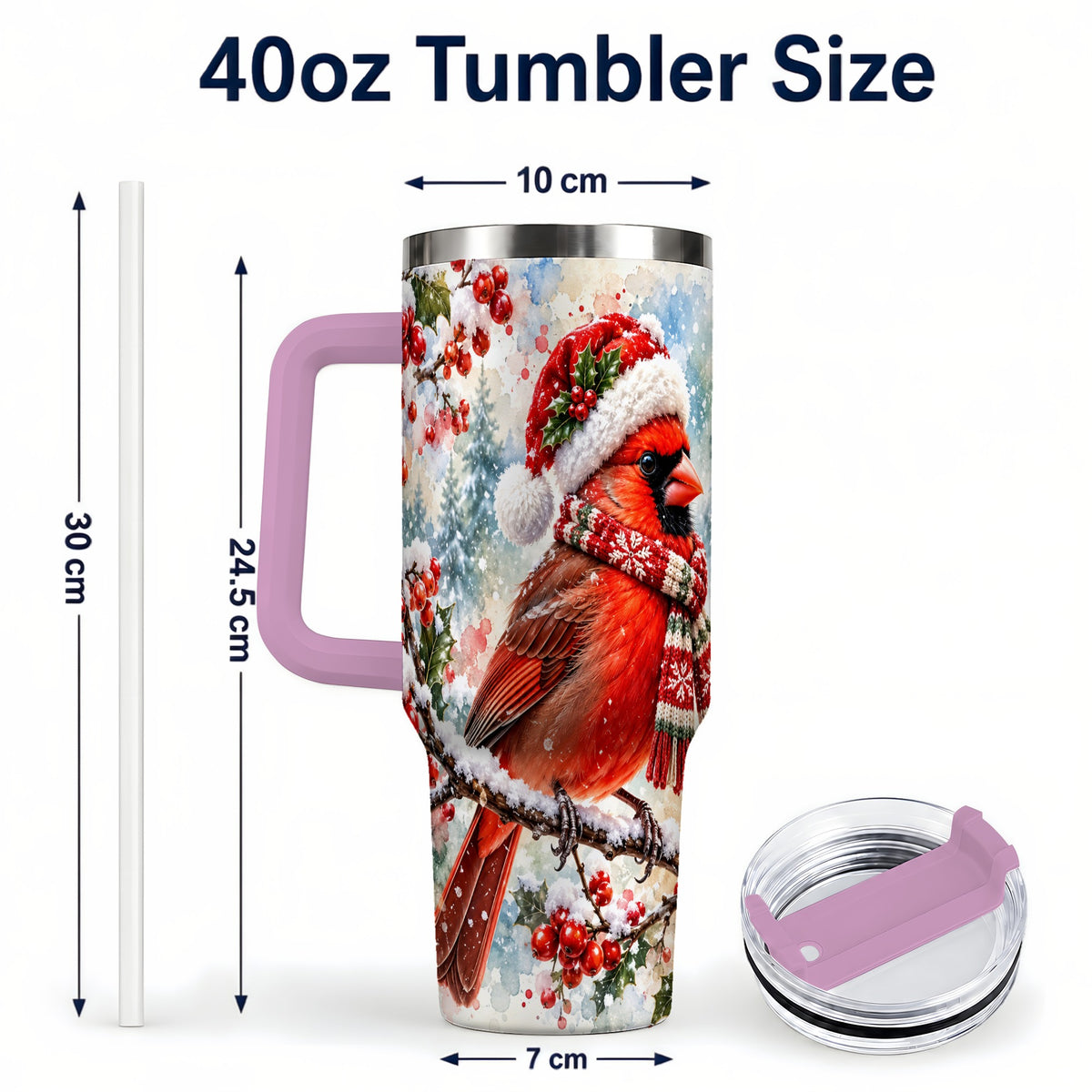 #pl[40oz|Pink] Cardinal 40oz Tumbler, Snowy Bird Tumbler, Stainless Steel Travel Cup