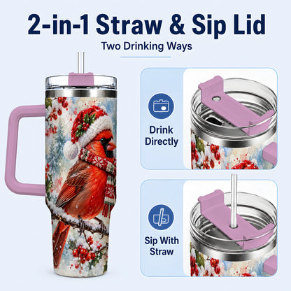 #pl[40oz|Pink] Cardinal 40oz Tumbler, Snowy Bird Tumbler, Stainless Steel Travel Cup