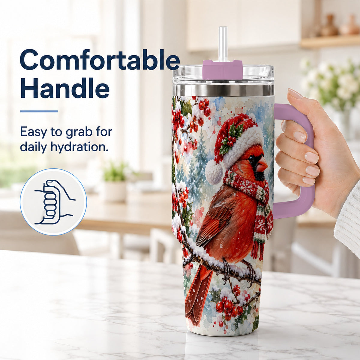 #pl[40oz|Pink] Cardinal 40oz Tumbler, Snowy Bird Tumbler, Stainless Steel Travel Cup