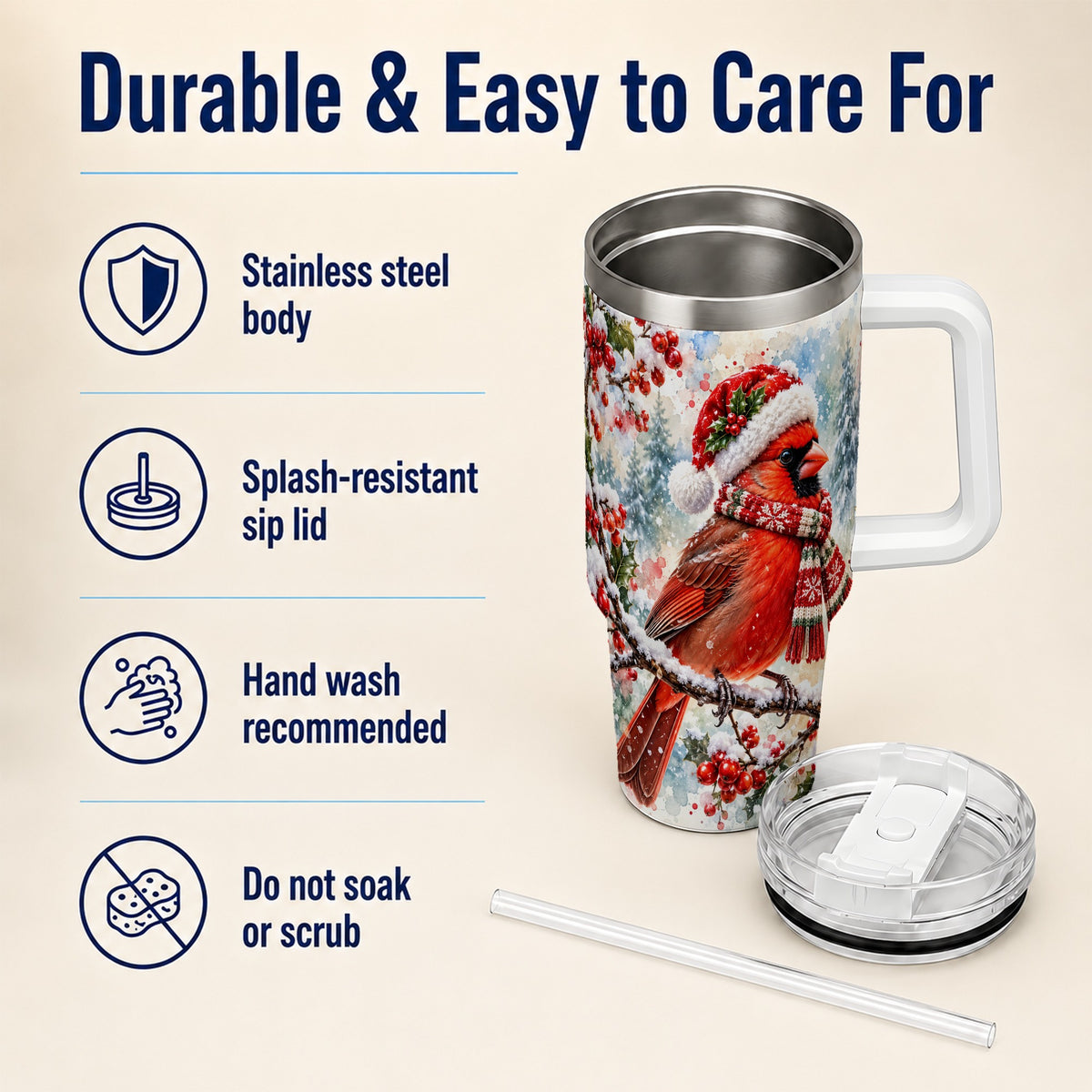 Cardinal 40oz Tumbler, Snowy Bird Tumbler, Stainless Steel Travel Cup