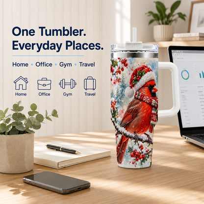 Cardinal 40oz Tumbler, Snowy Bird Tumbler, Stainless Steel Travel Cup