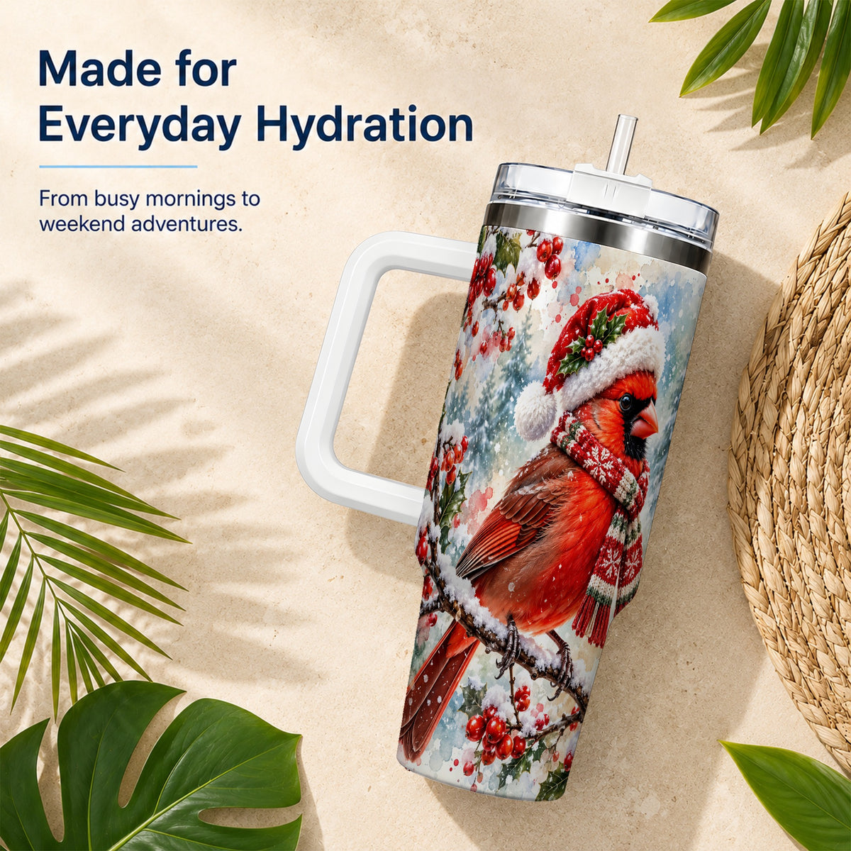 Cardinal 40oz Tumbler, Snowy Bird Tumbler, Stainless Steel Travel Cup