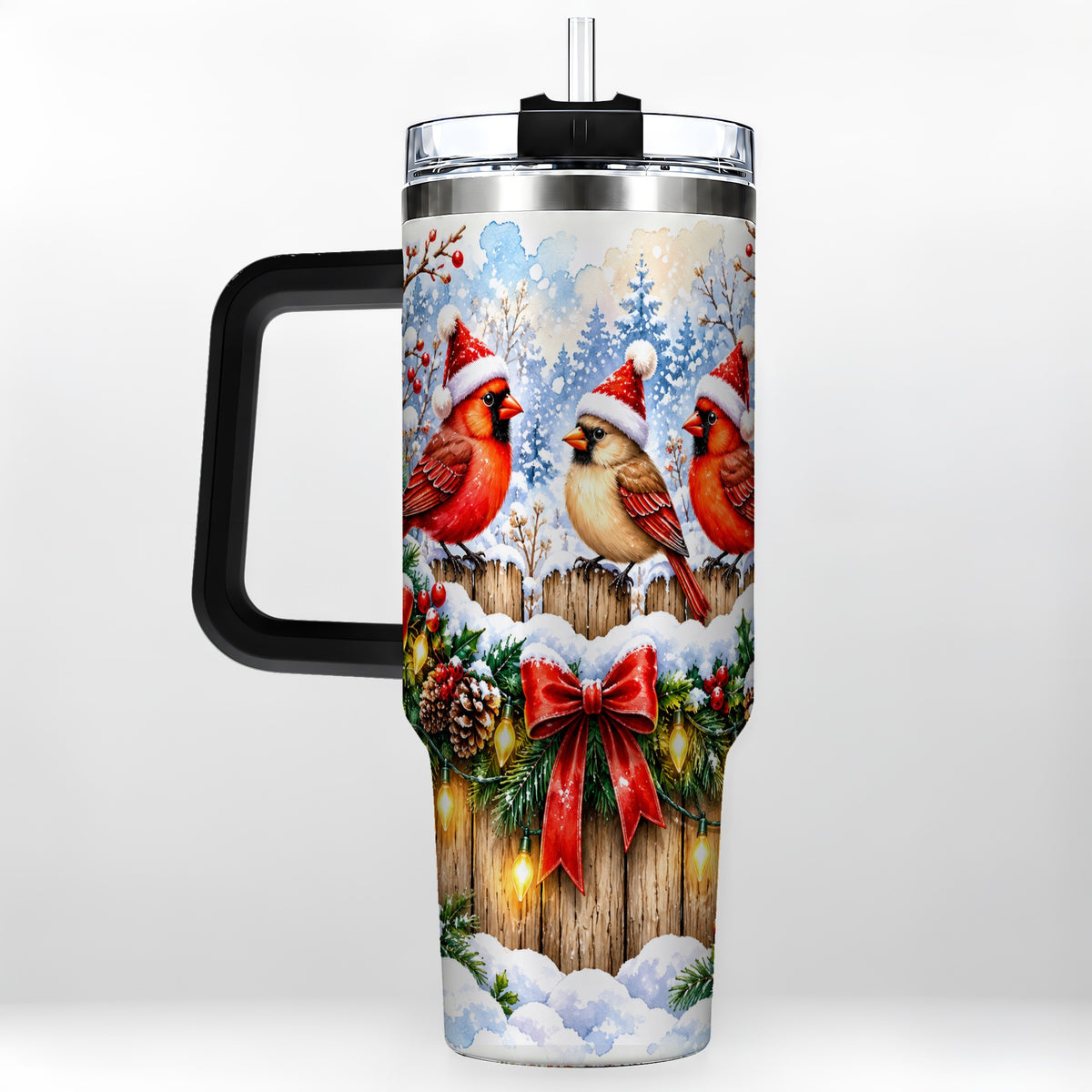 #pl[40oz|Black] Christmas Cardinals 40oz Tumbler, Winter Bird Stainless Steel Travel Cup