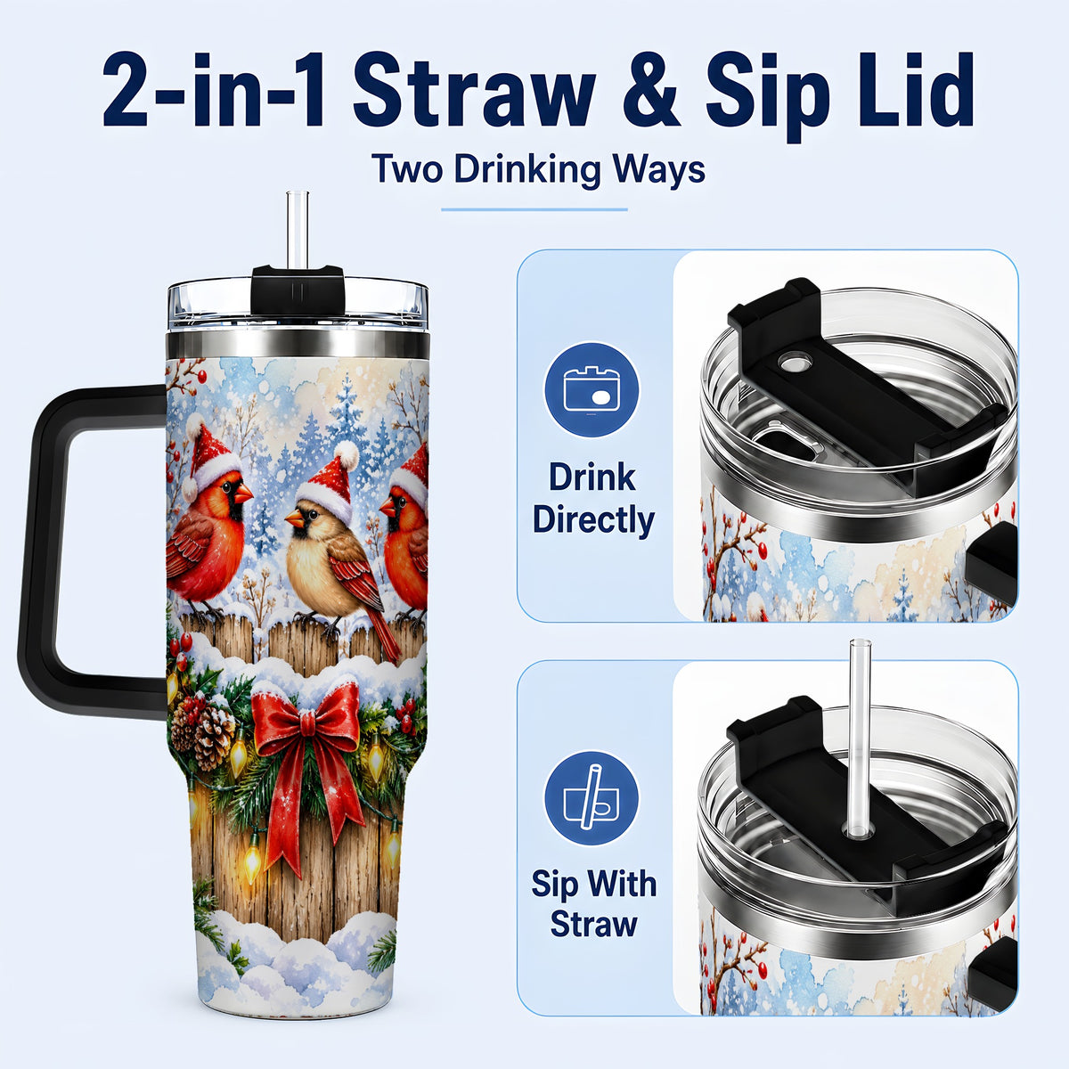 #pl[40oz|Black] Christmas Cardinals 40oz Tumbler, Winter Bird Stainless Steel Travel Cup