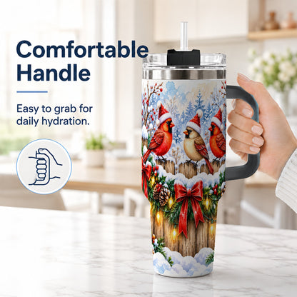 #pl[40oz|Black] Christmas Cardinals 40oz Tumbler, Winter Bird Stainless Steel Travel Cup