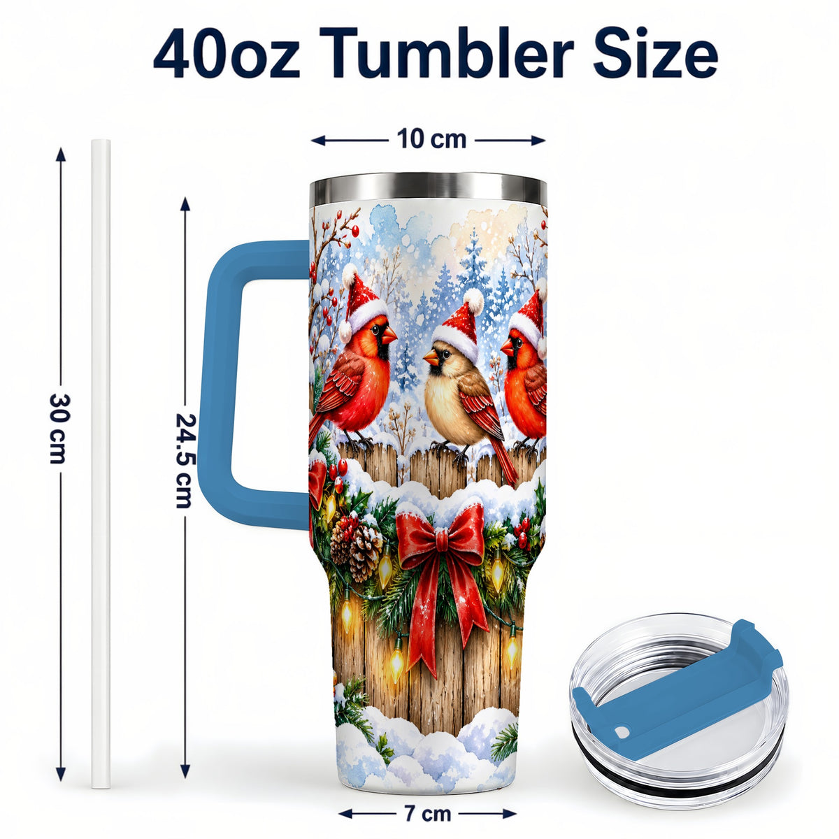 #pl[40oz|Blue] Christmas Cardinals 40oz Tumbler, Winter Bird Stainless Steel Travel Cup