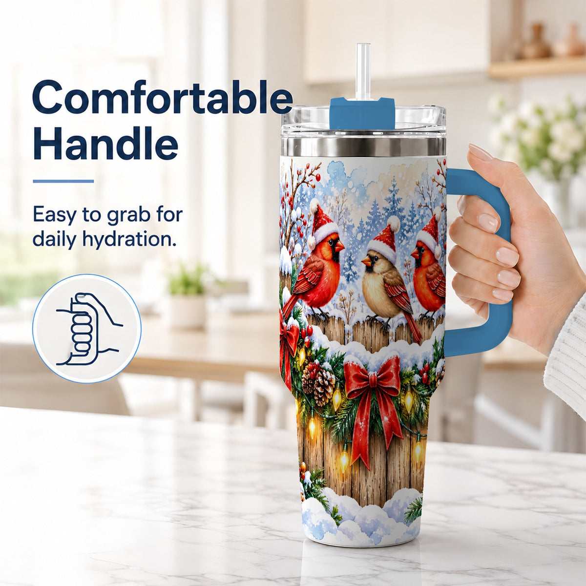 #pl[40oz|Blue] Christmas Cardinals 40oz Tumbler, Winter Bird Stainless Steel Travel Cup