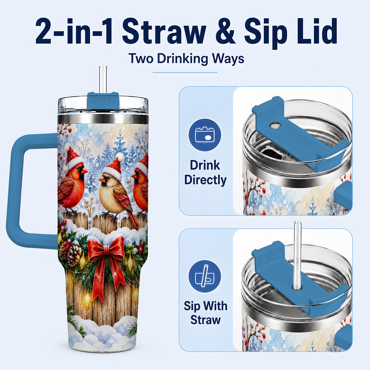 #pl[40oz|Blue] Christmas Cardinals 40oz Tumbler, Winter Bird Stainless Steel Travel Cup