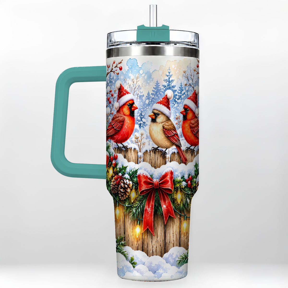 #pl[40oz|Green] Christmas Cardinals 40oz Tumbler, Winter Bird Stainless Steel Travel Cup