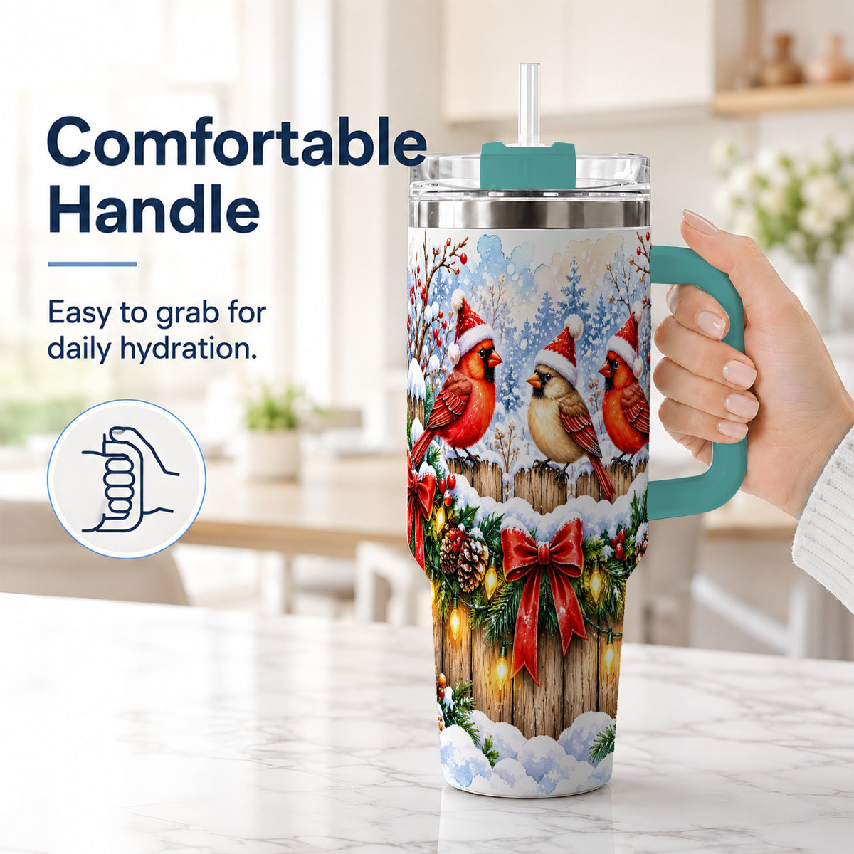 #pl[40oz|Green] Christmas Cardinals 40oz Tumbler, Winter Bird Stainless Steel Travel Cup