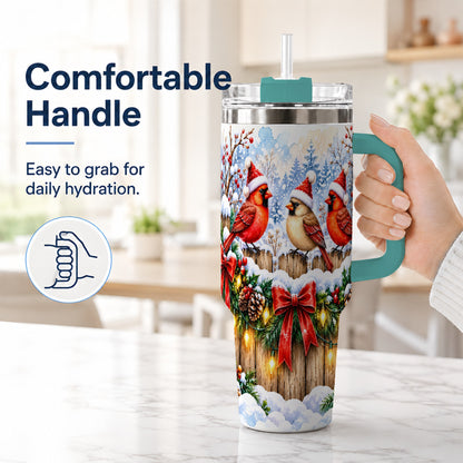 #pl[40oz|Green] Christmas Cardinals 40oz Tumbler, Winter Bird Stainless Steel Travel Cup