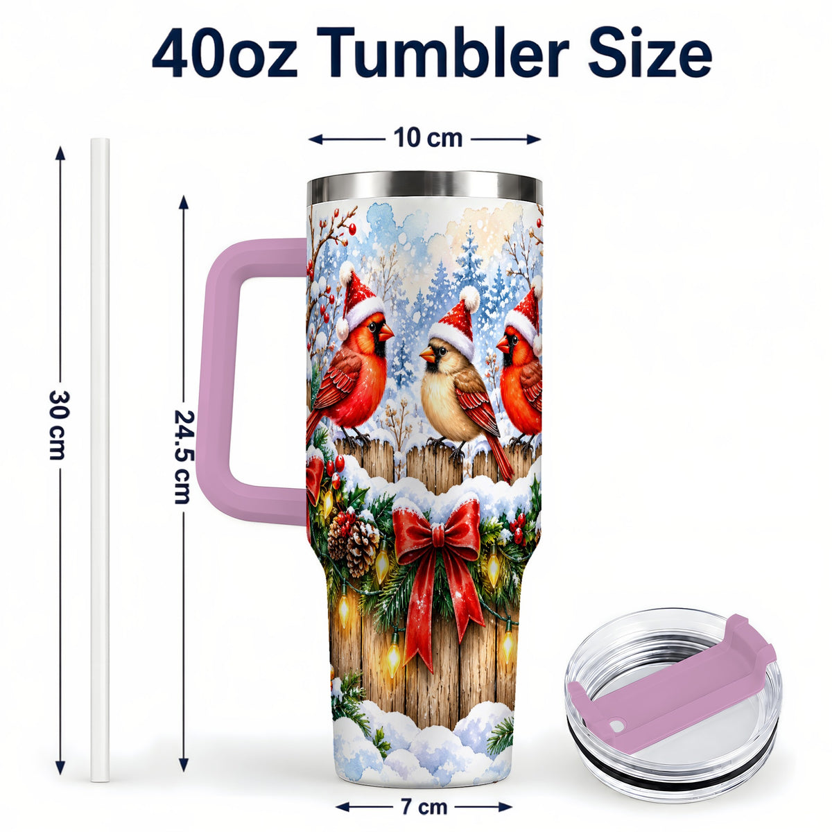 #pl[40oz|Pink] Christmas Cardinals 40oz Tumbler, Winter Bird Stainless Steel Travel Cup