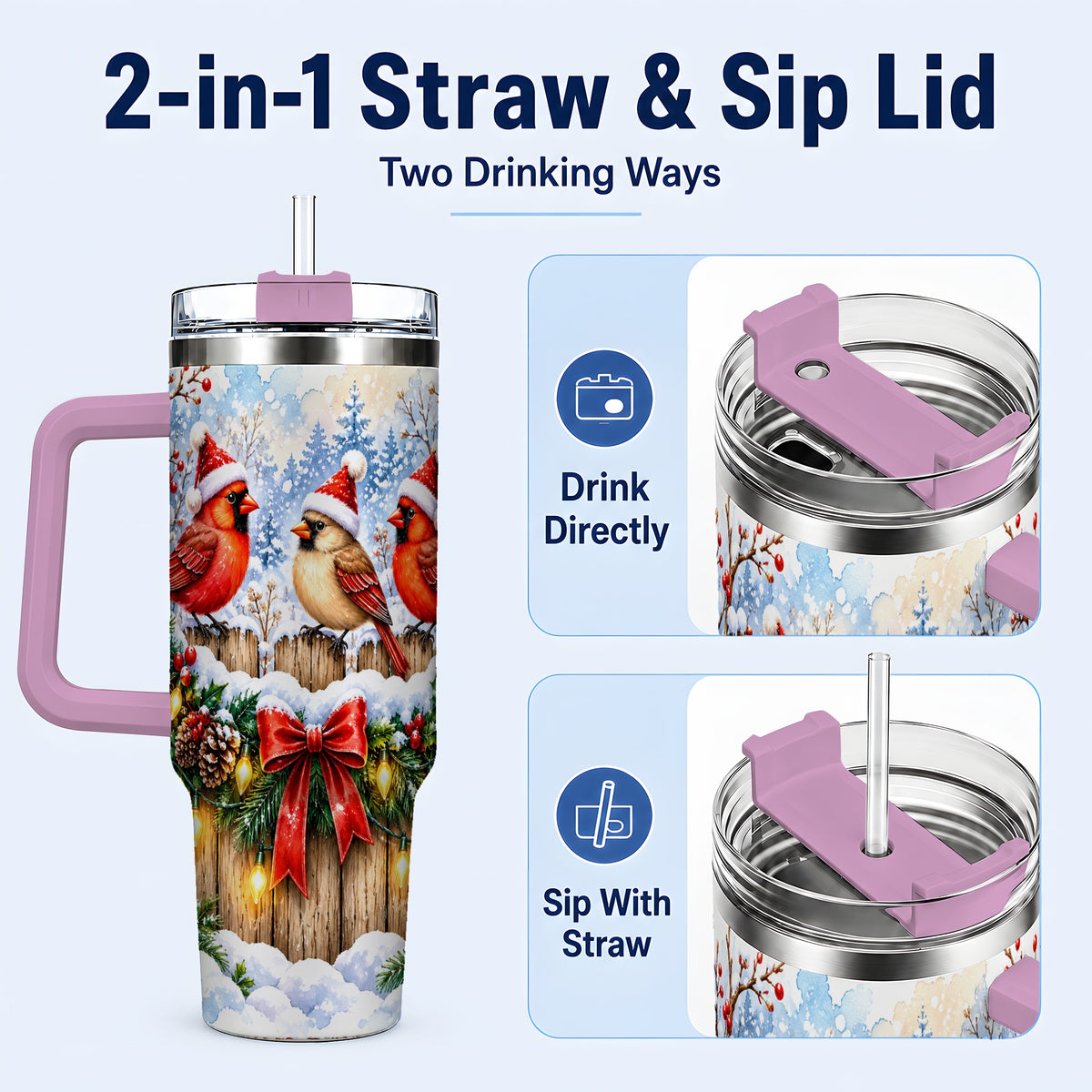 #pl[40oz|Pink] Christmas Cardinals 40oz Tumbler, Winter Bird Stainless Steel Travel Cup
