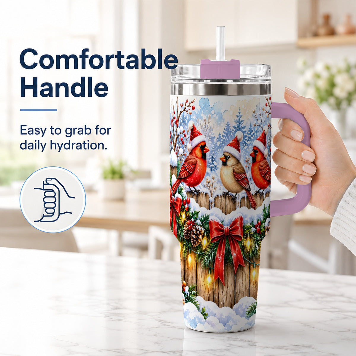 #pl[40oz|Pink] Christmas Cardinals 40oz Tumbler, Winter Bird Stainless Steel Travel Cup
