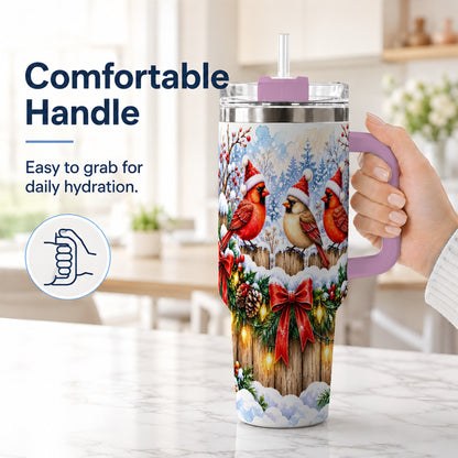 #pl[40oz|Pink] Christmas Cardinals 40oz Tumbler, Winter Bird Stainless Steel Travel Cup